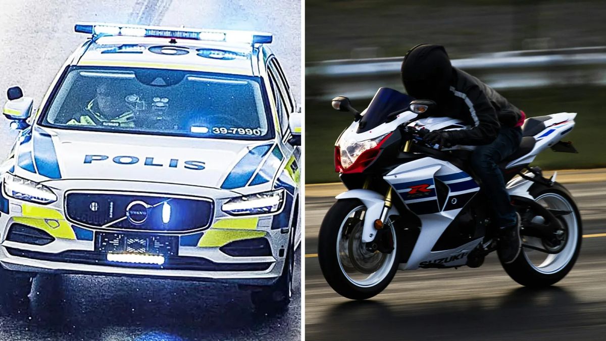 Švedijos kelių policija ir motociklininkas kelyje